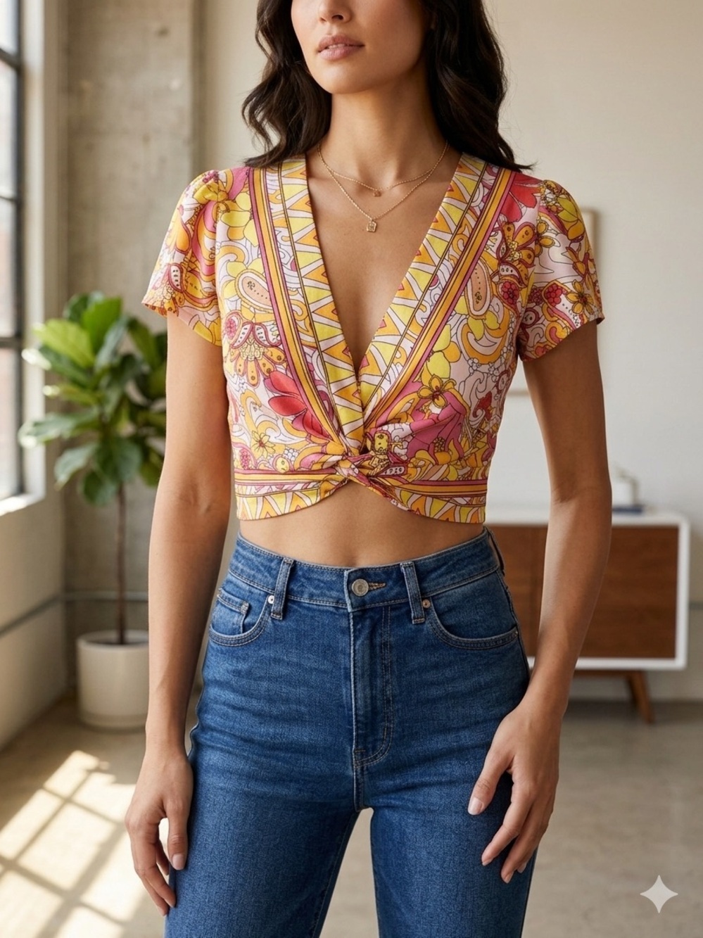 NWT Angie Paisley Floral Groovy Hippie Knot Front Crop Top Size Medium.